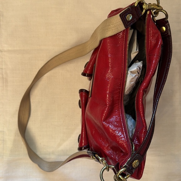 Cherry Red Coach Handbag With Detachable fabric shoulder Strap. - Picture 6 of 9